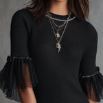 Black Knit Mini Dress With Sheer Ruffle Sleeves