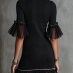 Black Knit Mini Dress With Sheer Ruffle Sleeves