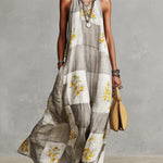 Gray and White Checkered Floral Print Sleeveless Maxi Dress