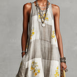 Gray and White Checkered Floral Print Sleeveless Maxi Dress