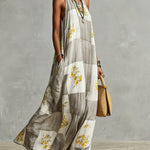 Gray and White Checkered Floral Print Sleeveless Maxi Dress