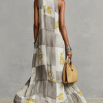 Gray and White Checkered Floral Print Sleeveless Maxi Dress