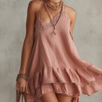 Pink Lace Trim Linen Mini Dress