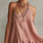 Pink Lace Trim Linen Mini Dress