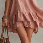 Pink Lace Trim Linen Mini Dress