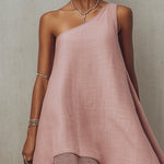 Pink One Shoulder Linen Blend Midi Dress
