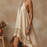 Beige Tie Strap Linen Mini Dress