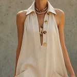 Beige Linen Sleeveless Button Midi Dress