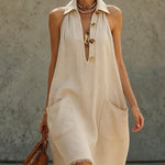 Beige Linen Sleeveless Button Midi Dress