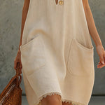 Beige Linen Sleeveless Button Midi Dress