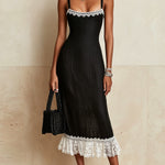 Black Midi Dress With White Lace Trim