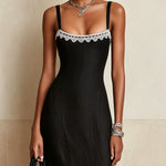 Black Midi Dress With White Lace Trim