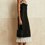 Black Midi Dress With White Lace Trim