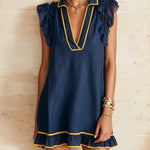 Navy Ruffle Mini Dress With Contrast Yellow Trim