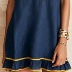 Navy Ruffle Mini Dress With Contrast Yellow Trim