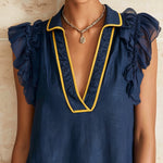 Navy Ruffle Mini Dress With Contrast Yellow Trim