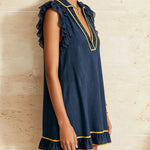 Navy Ruffle Mini Dress With Contrast Yellow Trim