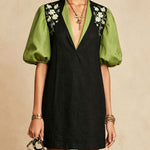 Black And Green Puff Sleeve Mini Dress With Floral Embroidery