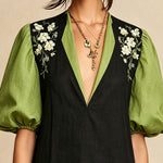 Black And Green Puff Sleeve Mini Dress With Floral Embroidery