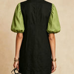 Black And Green Puff Sleeve Mini Dress With Floral Embroidery