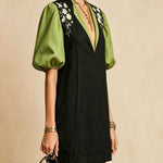 Black And Green Puff Sleeve Mini Dress With Floral Embroidery