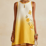 Yellow Ombre Sleeveless Mini Dress With Floral Embroidery