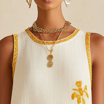 Yellow Ombre Sleeveless Mini Dress With Floral Embroidery