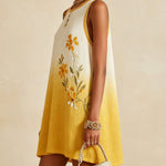 Yellow Ombre Sleeveless Mini Dress With Floral Embroidery