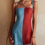 Colorblock Blue And Red Mini Dress With Striped Ruffle Hem