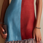 Colorblock Blue And Red Mini Dress With Striped Ruffle Hem