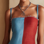 Colorblock Blue And Red Mini Dress With Striped Ruffle Hem
