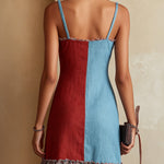 Colorblock Blue And Red Mini Dress With Striped Ruffle Hem