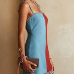 Colorblock Blue And Red Mini Dress With Striped Ruffle Hem