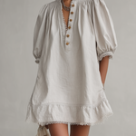 Light Gray Cotton Lace Trim Puff Sleeve Mini Dress