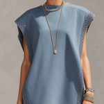 Dusty Blue Hollow-Out Lace Trim Mini Dress