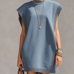 Dusty Blue Hollow-Out Lace Trim Mini Dress