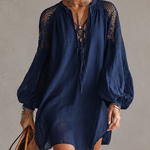 Navy Blue Crochet Shoulder Cotton Linen Mini Dress