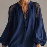 Navy Blue Crochet Shoulder Cotton Linen Mini Dress