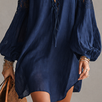 Navy Blue Crochet Shoulder Cotton Linen Mini Dress