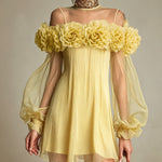 Yellow 3D Floral Pleated Chiffon Mini Dress