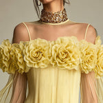 Yellow 3D Floral Pleated Chiffon Mini Dress