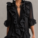 Black Ruffled Chiffon Lace Mini Dress