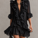 Black Ruffled Chiffon Lace Mini Dress
