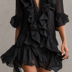 Black Ruffled Chiffon Lace Mini Dress