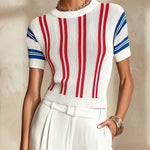 White Knit Short Sleeve Top With Red And Blue Stripes