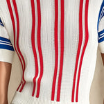 White Knit Short Sleeve Top With Red And Blue Stripes