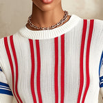 White Knit Short Sleeve Top With Red And Blue Stripes