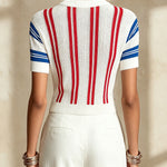 White Knit Short Sleeve Top With Red And Blue Stripes