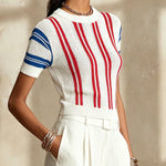 White Knit Short Sleeve Top With Red And Blue Stripes