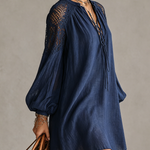 Navy Blue Crochet Shoulder Cotton Linen Mini Dress